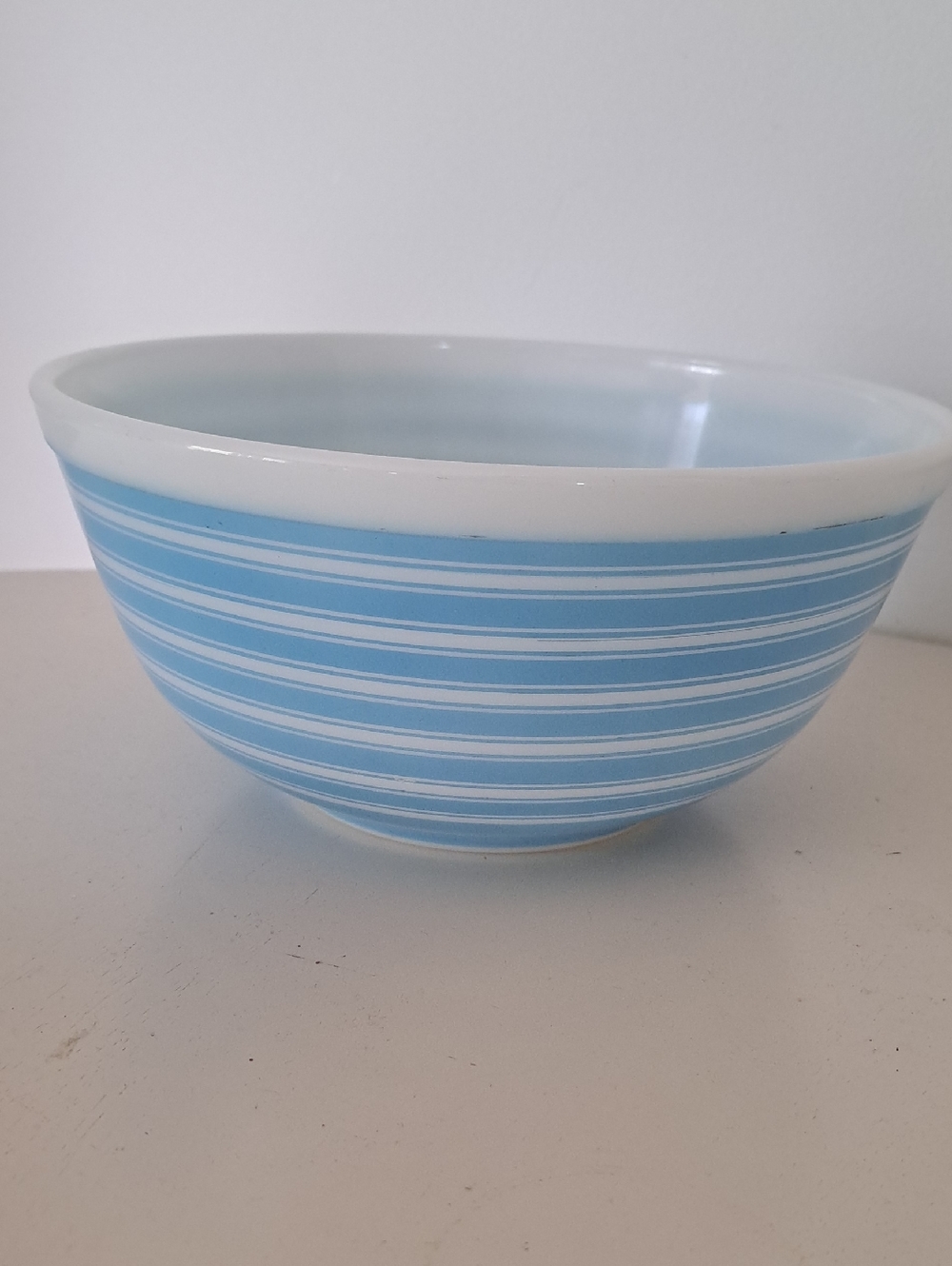 Pyrex, Blue and White Striped Ceramic Serving Bowl.  403. 2 1/2 Qt Striped.